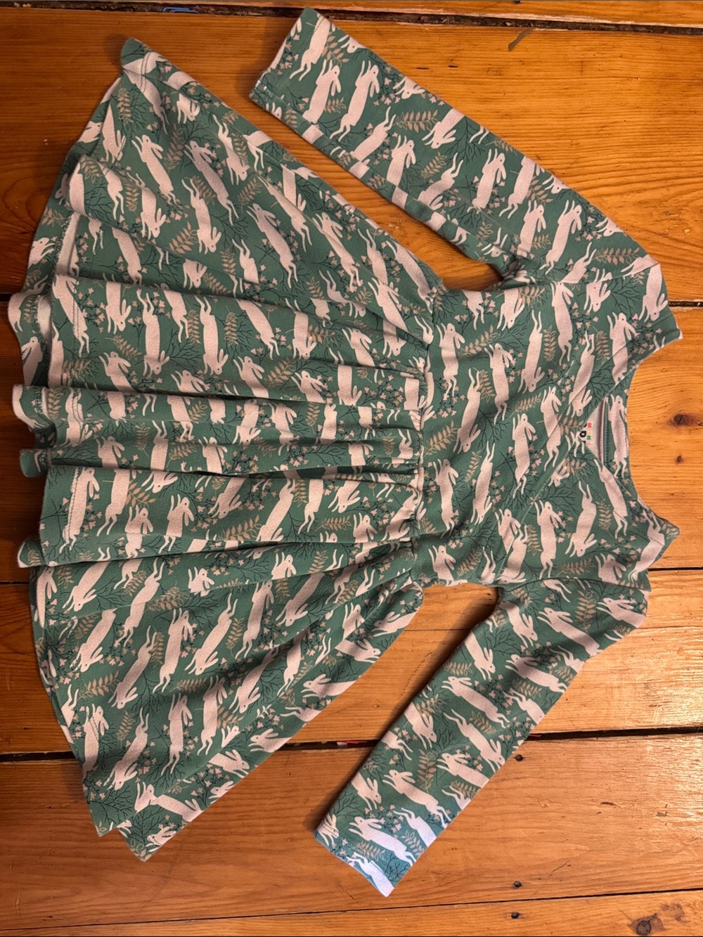 Mini Boden Green Long-Sleeve Skater Dress with White Rabbit Print